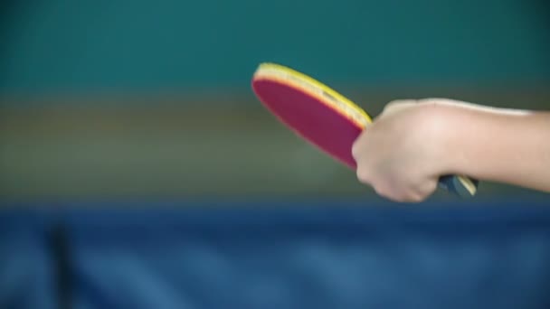 赤いパドルが黄色いピンポンボールを打っている 子供たちは学校のジムで卓球をしています — ストック動画