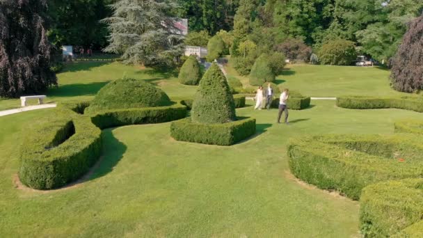 Young Couple Walking Famous Gardens Posing Wedding Photo Shoot Aerial — Stock Video