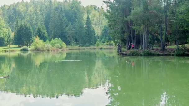 Ein Paar Steht Auf Der Anderen Seite Des Sees Und — Stockvideo