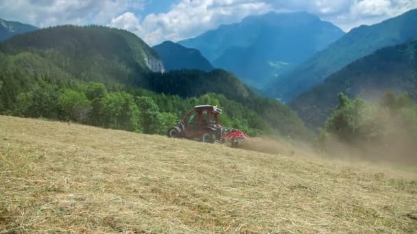 Joven Agricultor Mueve Lentamente Alrededor Colina Está Preparando Heno Día — Vídeos de Stock