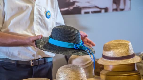 Homme Qui Travaille Dans Musuem Met Chapeau Paille Noire Sur — Video