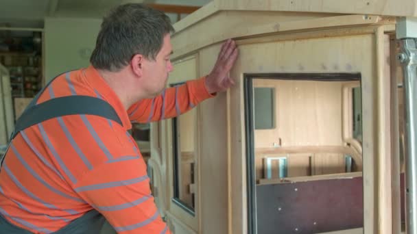 Middle Aged Man Closing Wooden Car Door Vehicle Making Sure — Stock Video