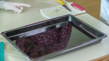 Masanın üzerinde suyla dolu siyah bir tepsi var. Öğrenciler plastik güvenlik eldiveni takıyorlar ve kimya dersinde bir deney yapmak üzereler..