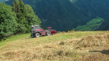 Bir traktör tepedeki büyük bir çim tarlasında saman hazırlıyor. Güneş parlıyor ve gün çok güzel..
