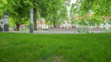 ZALEC, SLOVENIA 10 HAZİRAN 2017 Erkekler bir çeşmenin önünde durmuş biralarının tadını çıkarıyorlar. Çeşme küçük bir kasabadaki bir parkın ortasında..