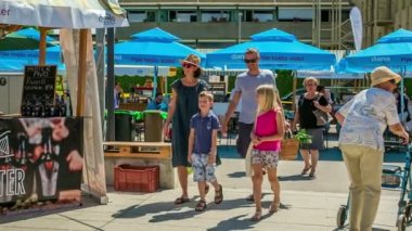 DOMZALE, SLOVENIA - 15. Haziran 2018 'de genç bir aile onlara pazarda yaklaşan maskota gülümseyip el sallıyor. Sıcak bir yaz günü..