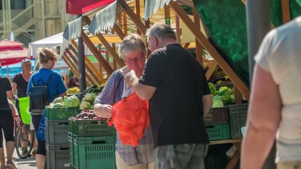 Domzale Slovenia Липня 2018 Люди Купують Нові Фермери Ринку — стокове відео