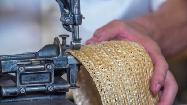 Man Slowly Designing New Straw Hat Using Sewing Machine — 图库视频影像