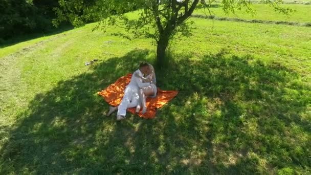 若い夫婦が芝生の上の木の下のオレンジ色の毛布にキスをしている 夏の時間です彼らは一緒に素晴らしい時間を過ごしています — ストック動画