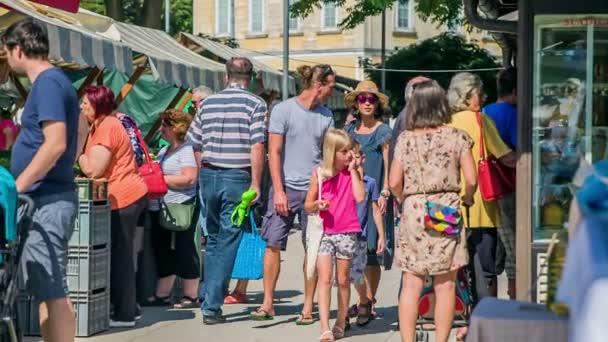 Domzale Slovenien Juli 2018 Människor Som Köper Färsk Lantbruksproduktion Marknaden — Stockvideo