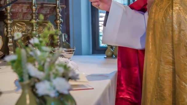 Domzale Slovénie Juillet 2018 Prêtre Baptise Livre Houx Lors Cérémonie — Video
