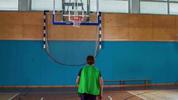 One Players Green Team Throws Ball Hoop Nothing Net — Stock Video