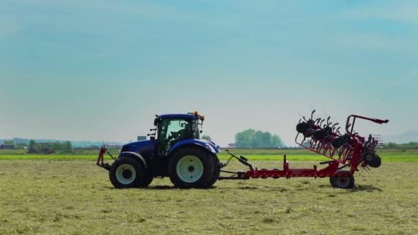 Egy Nagy Kék Traktor Lassan Halad Fűmezőn Forgó Gereblyék Nyílnak — Stock videók