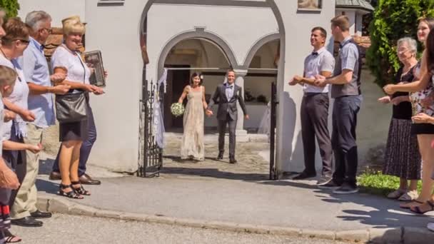 Domzale Slovenia July 2018 Wedding Guests Excited Greet Married Couple — Stock Video