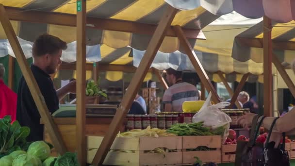 Domzale Slovenië Juli 2018 Mensen Kopen Verse Boeren Productie Markt — Stockvideo