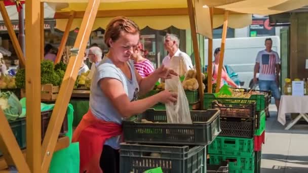 Domzale Slovenien Juli 2018 Människor Som Köper Färsk Lantbruksproduktion Marknaden — Stockvideo