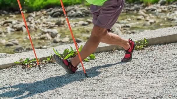 Bilder Mogna Människor Som Joggar Med Vandringsstavar Naturen — Stockvideo