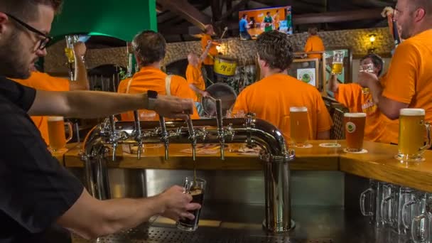 Domzale Slovenia 2018年7月一个酒保正在把一个黑色的啤酒倒进罐子里 球迷们对他们的球队获胜感到兴奋 — 图库视频影像
