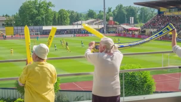 Domzale Slowenien Mai 2018 Senioren Fans Unterstützen Ihre Lieblings Fußballmannschaft — Stockvideo