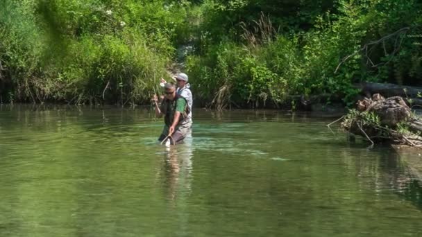 とても暖かい夏の日です 二人の男が水の中に立っていると彼らの食事のためにいくつかの魚をキャッチしようとしている — ストック動画