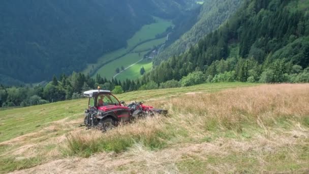 赤いトラクターが丘の上を走っていて 暑い夏の日に干し草を準備しています 背後には山がある — ストック動画