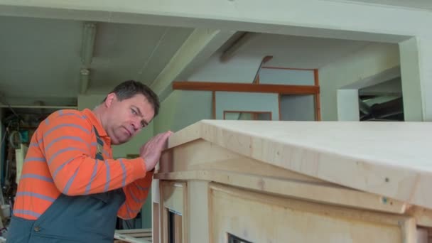 Middle Aged Man Slowly Grinding Surface Roof Vintage Wooden Car — Stock Video