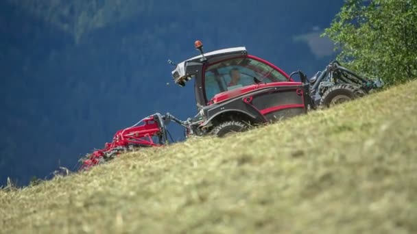 Young Man Red Tractor Preparing Hay Steep Hill Suddenly Starts — Stock Video