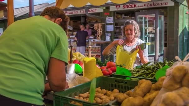 Domzale Slovenia July 2018 People Buying Fresh Farmers Production Market — Stock Video