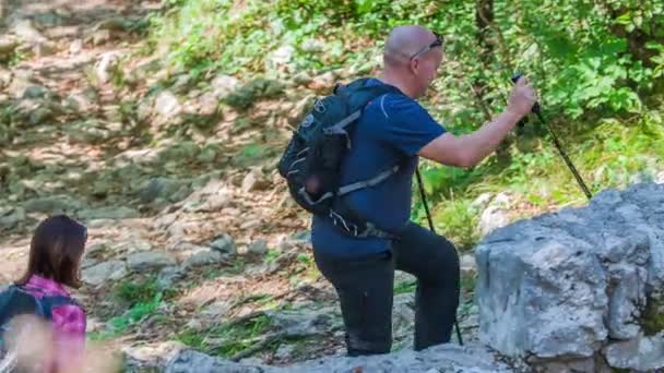 Zwei Tourengeher Gehen Bergauf Einen Wald Ist Ein Schöner Sonniger — Stockvideo