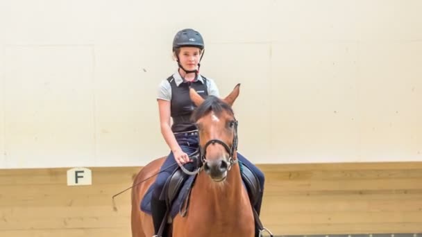 Jinete Joven Está Teniendo Sesión Equitación Sonríe Vez Cuando Ella — Vídeos de Stock