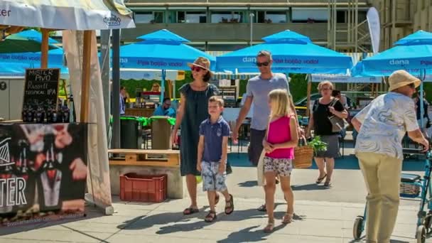 Domzale Slovenien Juni 2018 Ung Familj Ler Och Vinkar Maskot — Stockvideo