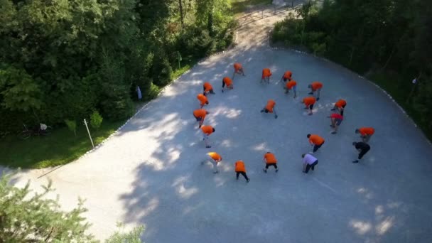 高齢者のグループは この日に動作するように大きなオープンスペースを発見しました 夏の時間だ みんなオレンジのTシャツを着ている 空中射撃 — ストック動画