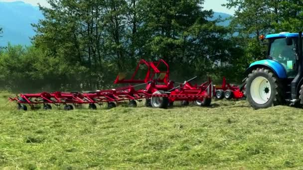 Gran Maquinaria Roja Está Cambiando Heno Tractor Azul Está Cruzando — Vídeo de stock