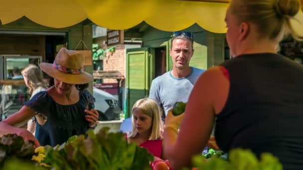 Domzale Slovenien Juli 2018 Människor Som Köper Färsk Lantbruksproduktion Marknaden — Stockvideo