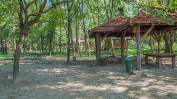 我们可以看到可爱的木制房子 让人们放松一下 绿树成荫 大自然真的是惊人的 — 图库视频影像