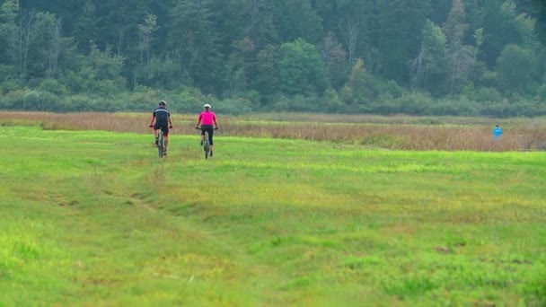 一对夫妇正在绿色的大自然中享受骑自行车外出的乐趣 它看起来真的很平静 — 图库视频影像