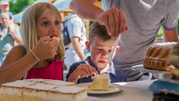 Domzale Slovenien Juni 2018 Hela Familjen Äter Bit Gräddtårta Älskar — Stockvideo