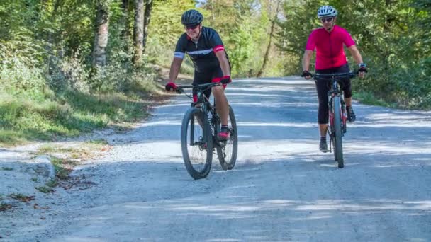 Een Stel Van Middelbare Leeftijd Fietst Bergafwaarts Tot Stoppen Stoppen — Stockvideo