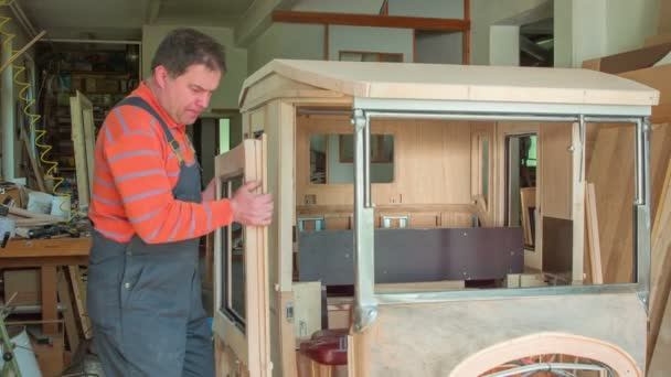 Joiner Bringing New Wooden Car Door Going Put Them Car — Stock Video