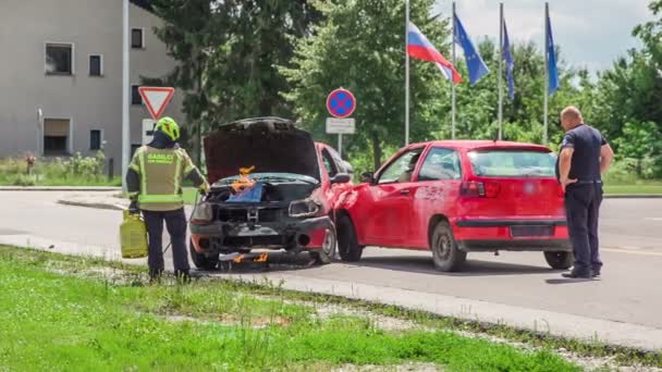 Doemzale Slovenië Juli 2018 Brandweerlieden Hebben Een Brandweerpraktijk Een Auto — Stockvideo