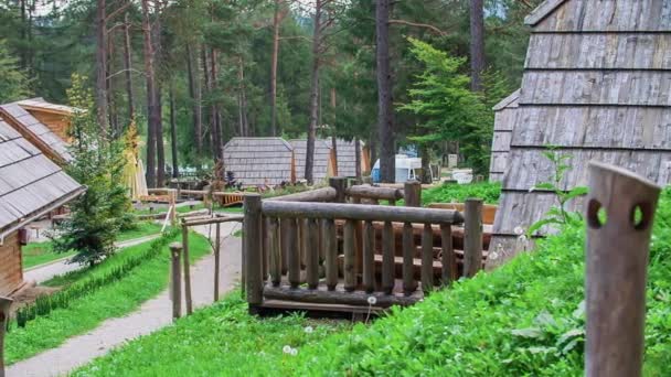 Wiele Małych Drewnianych Domków Środku Zielonego Lasu Wygląda Naprawdę Spokojnie — Wideo stockowe