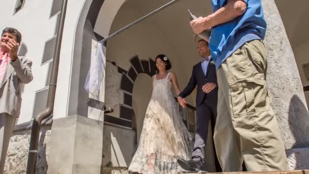 Domzale Slovenia July 2018 Young Couple Happy Got Married Walking — Stock Video