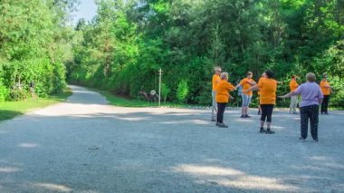 DOMZALE, SLOVENIA - 21. Haziran 2015. Bu gruptaki tüm son sınıflar birlikte çalışıyor. Parkta güneşli bir gün..