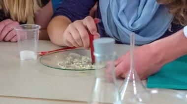 Gençler kimya dersinde bir deney yapıyorlar. Çok odaklanmışlar..