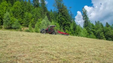 Genç bir çiftçi güzel bir günde tepeden aşağı iniyor ve saman hazırlıyor. Gün muhteşem..