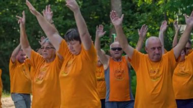 DOMZALE, SLOVENIA - 21. Haziran 2015 'te bir grup insan daire çiziyor ve kolları gökyüzünde yüksekte. Hepsi turuncu tişört giyiyor..
