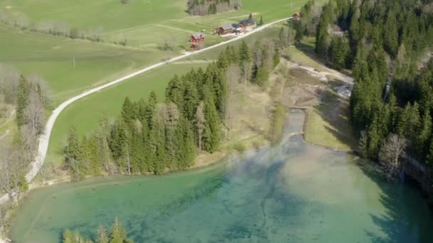 Krásné Modré Jezero Zelená Okolní Příroda Stromy Louky Letecký Snímek — Stock video