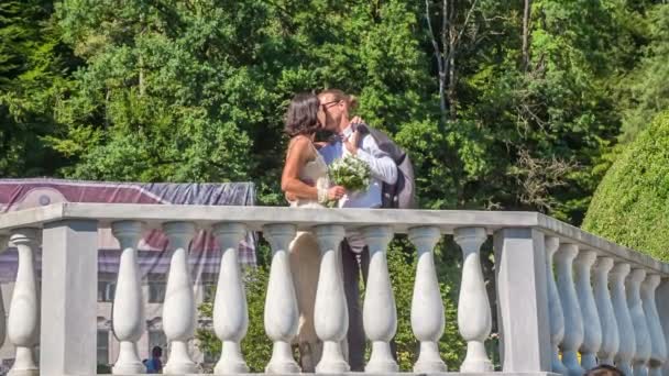 Una Joven Pareja Casada Besa Balcón Fotógrafo Está Tomando Fotos — Vídeos de Stock