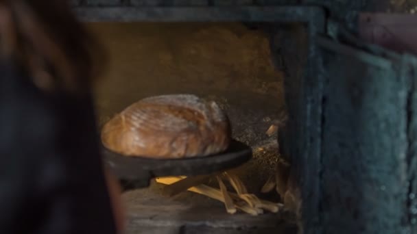 農家のストーブで美しいパンが焼きたてです 若い女性がゆっくりとそれを取っている — ストック動画