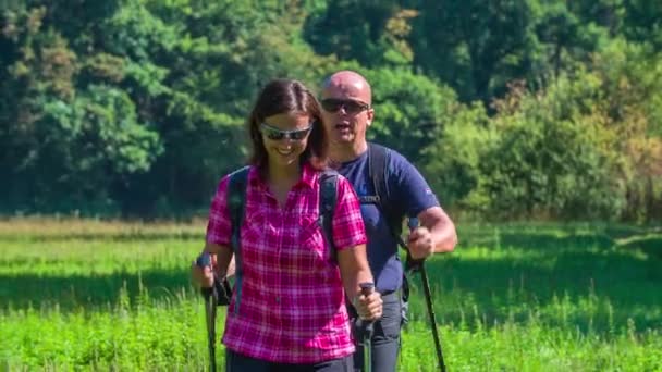 Ein Mann Und Eine Frau Wandern Einer Wunderschönen Natur Und — Stockvideo